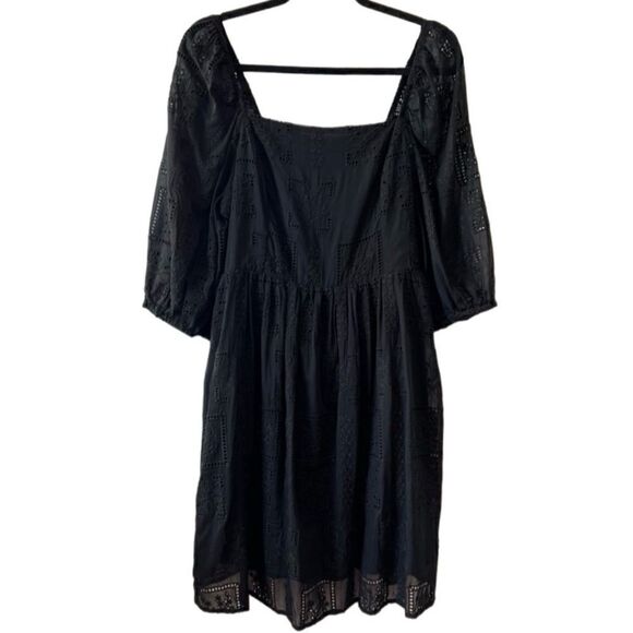 NWT- JOHNNY WAS- ELLA SILK COTTON MINI DRESS BLACK EYELET PUFF SLEEVES, Size XL - Picture 3 of 16